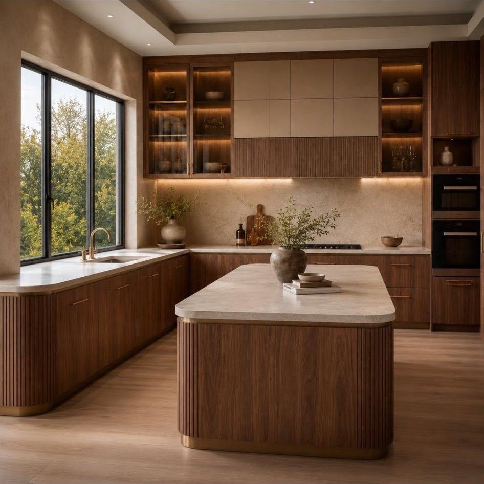Walnut kitchen with a fluted island