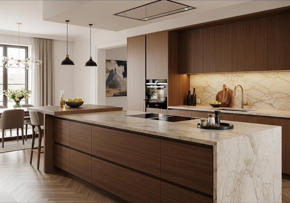 Walnut kitchen with a marble waterfall island