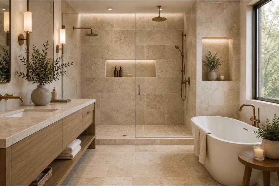 Bathroom with a walk-in shower and freestanding bath