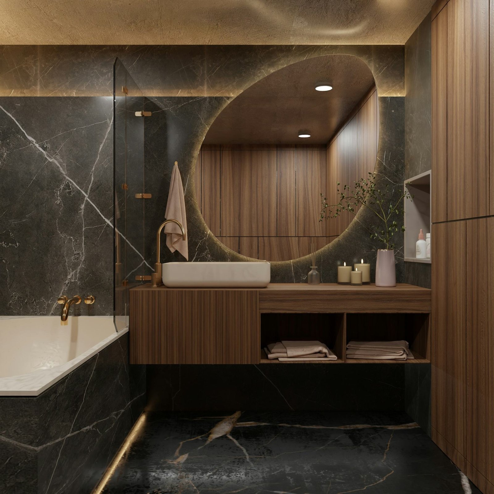 Dark marble bathroom with wood panelling and a round mirror