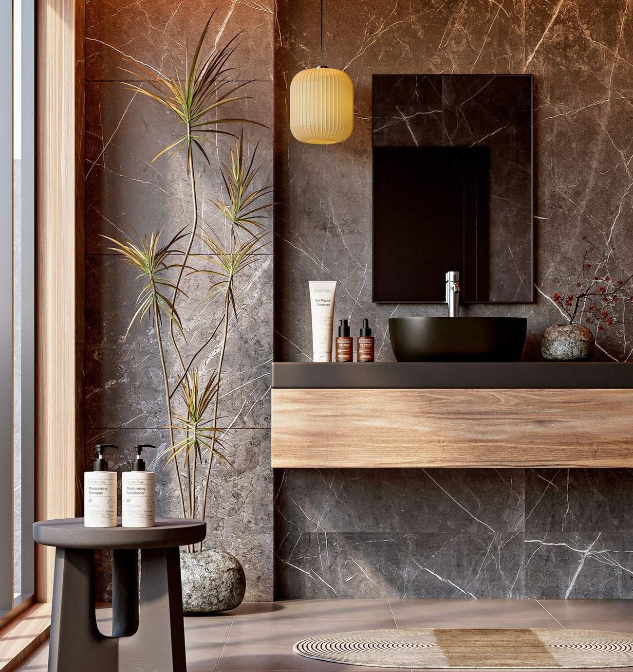 Dark marble bathroom with a timber shelf and a sculptural stool